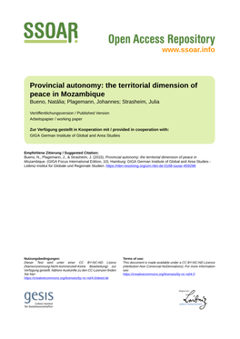 Provincial Autonomy: the Territorial Dimension of Peace in Mozambique Bueno, Natália; Plagemann, Johannes; Strasheim, Julia