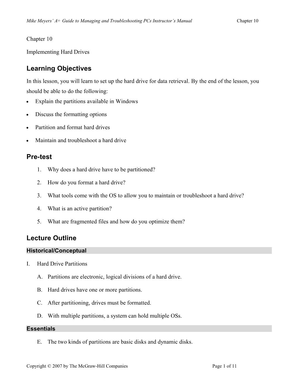 Mike Meyers A+ Guide to Managing and Troubleshooting Pcs Instructor S Manual Chapter 10