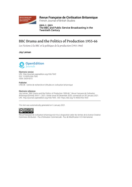 Revue Française De Civilisation Britannique, XXVI-1 | 2021 BBC Drama and the Politics of Production 1955-66 2