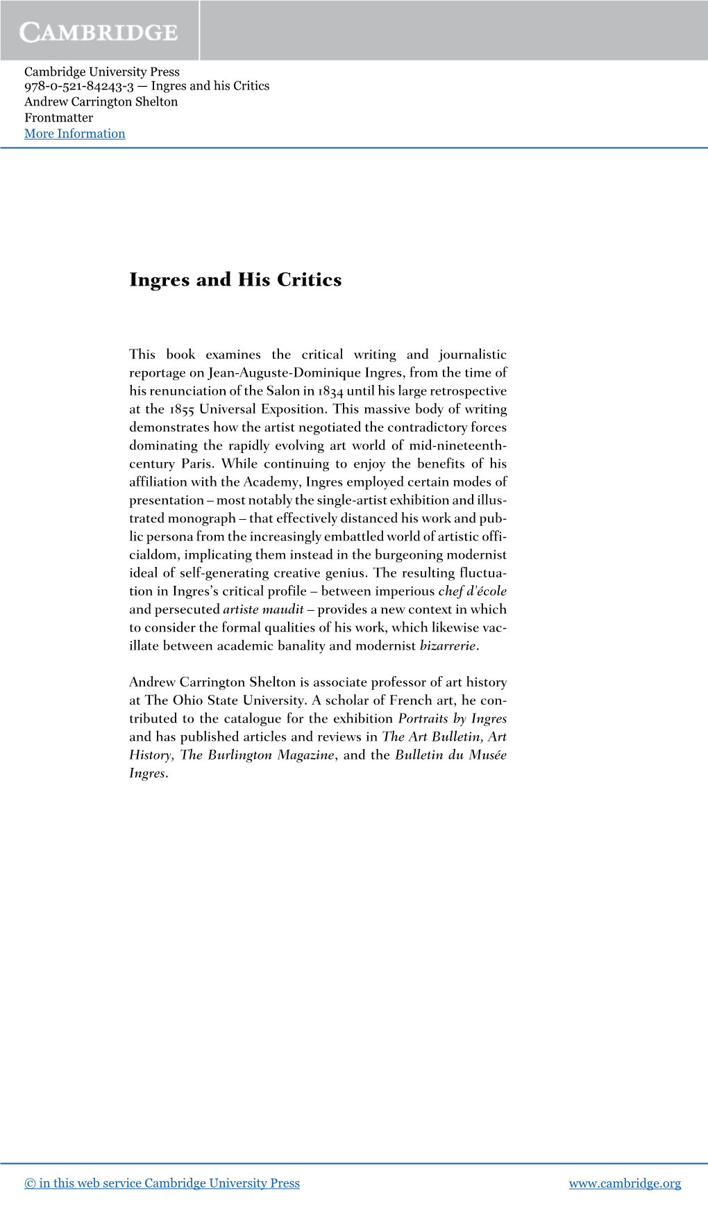 Ingres and His Critics Andrew Carrington Shelton Frontmatter More Information