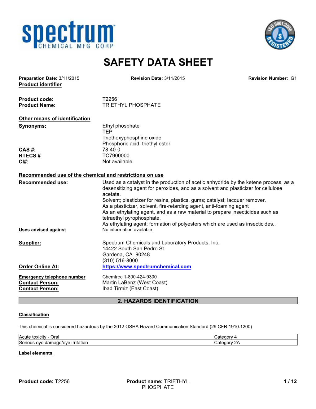 SDS for Taylor Mason's Hygrometer