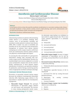 Anesthesia and Cardiovascular Disease Bhavna Gupta*, Lalit Gupta Maulana Azad Medical College and Loknayak Hospital, New Delhi-110002