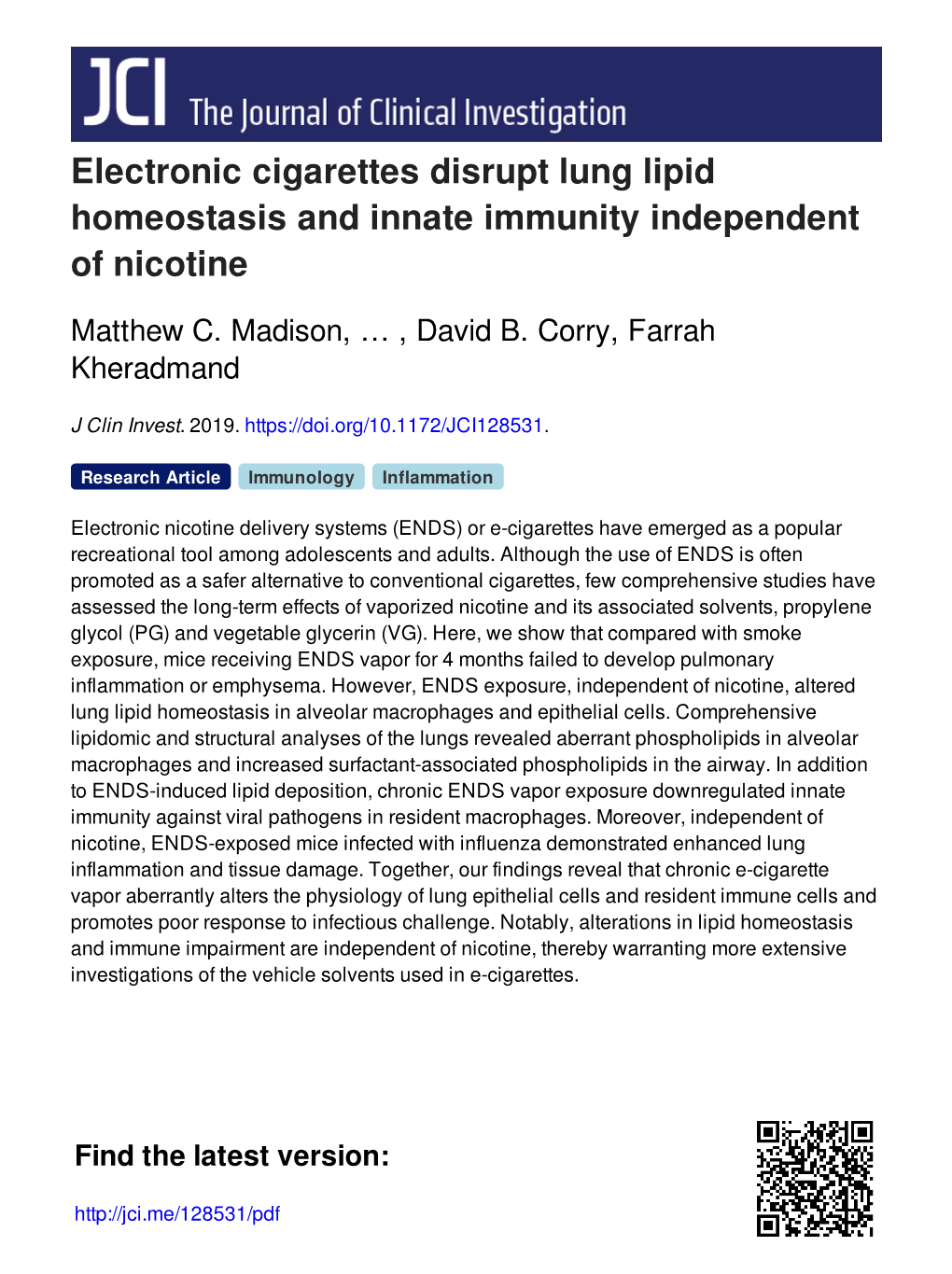 Electronic Cigarettes Disrupt Lung Lipid Homeostasis and Innate Immunity Independent of Nicotine