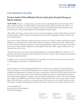 Former Italian Prime Minister Enrico Letta Joins Eurasia Group As Senior Advisor