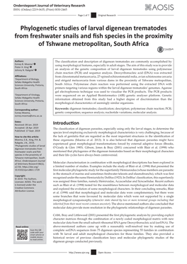 Phylogenetic Studies of Larval Digenean Trematodes from Freshwater Snails and Fish Species in the Proximity of Tshwane Metropolitan, South Africa