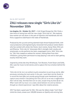 ZALI Releases New Single "Girls Like Us" November 10Th