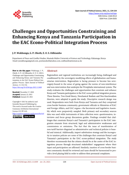 Challenges and Opportunities Constraining and Enhancing Kenya and Tanzania Participation in the EAC Econo-Political Integration Process
