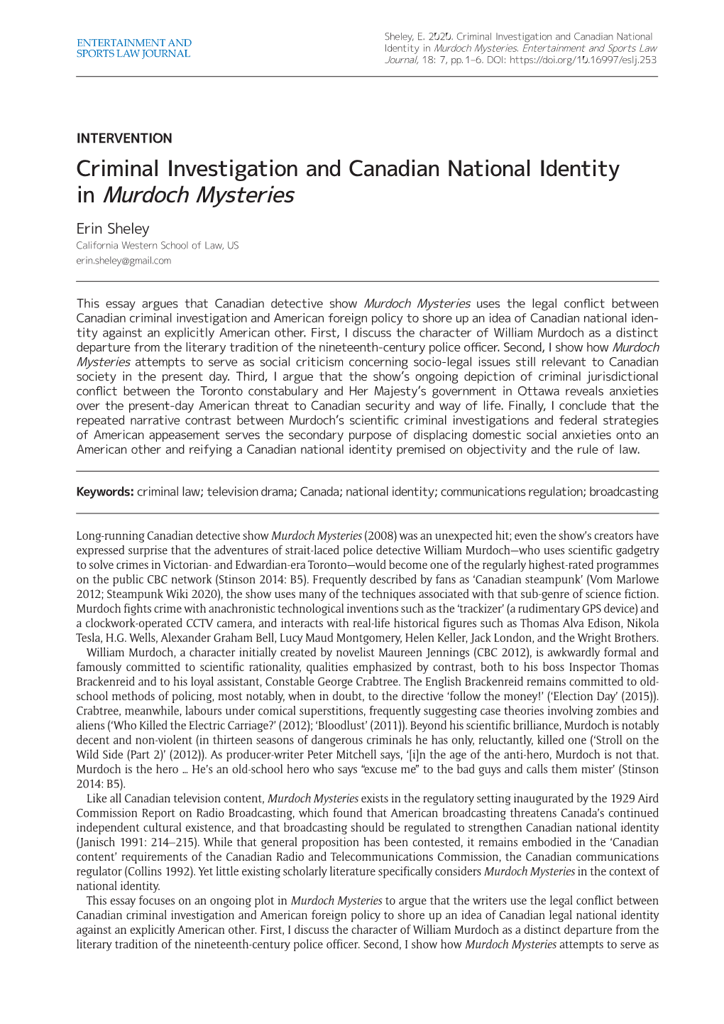 Criminal Investigation and Canadian National Identity in Murdoch Mysteries