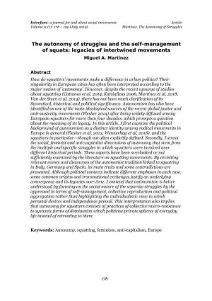 The Autonomy of Struggles and the Self-Management of Squats: Legacies of Intertwined Movements Miguel A