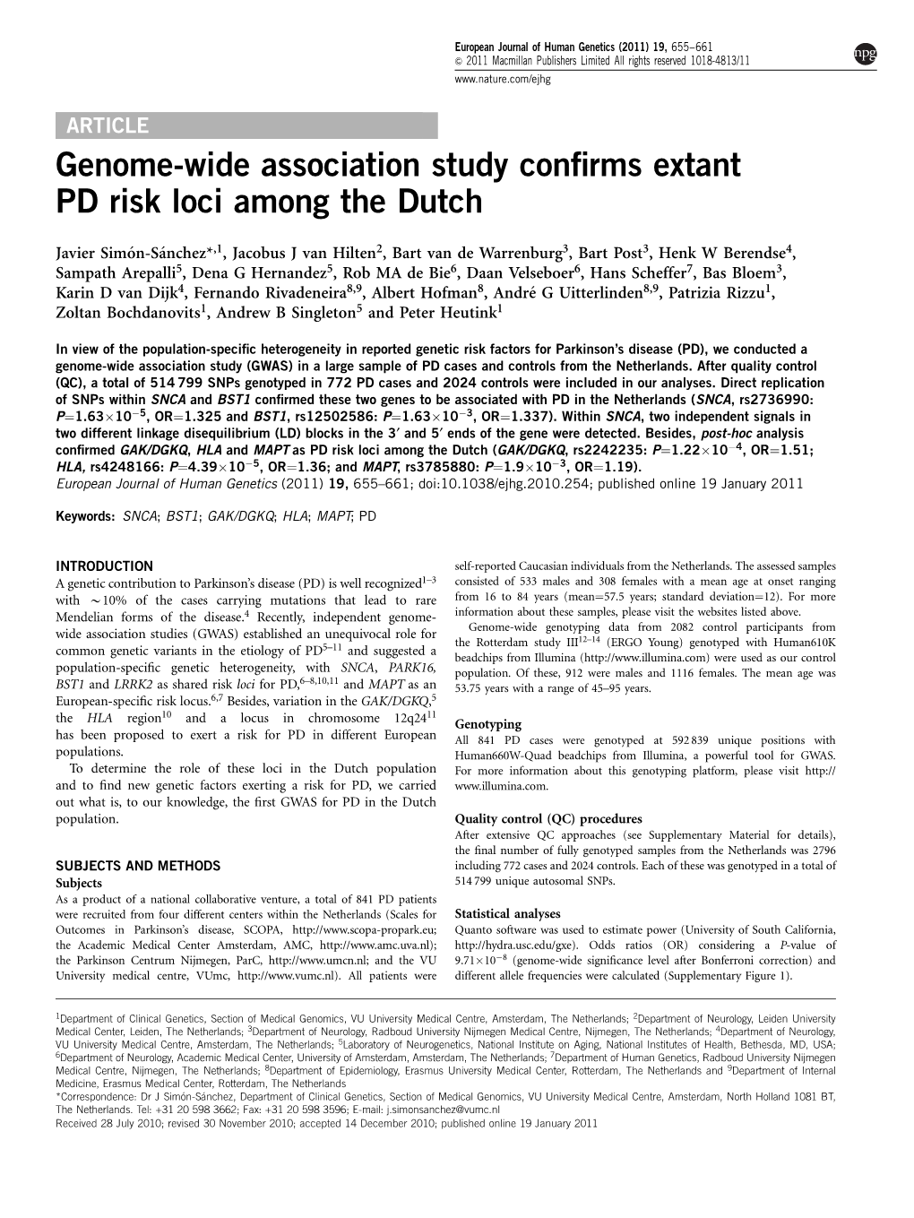 Genome-Wide Association Study Confirms Extant PD Risk Loci Among