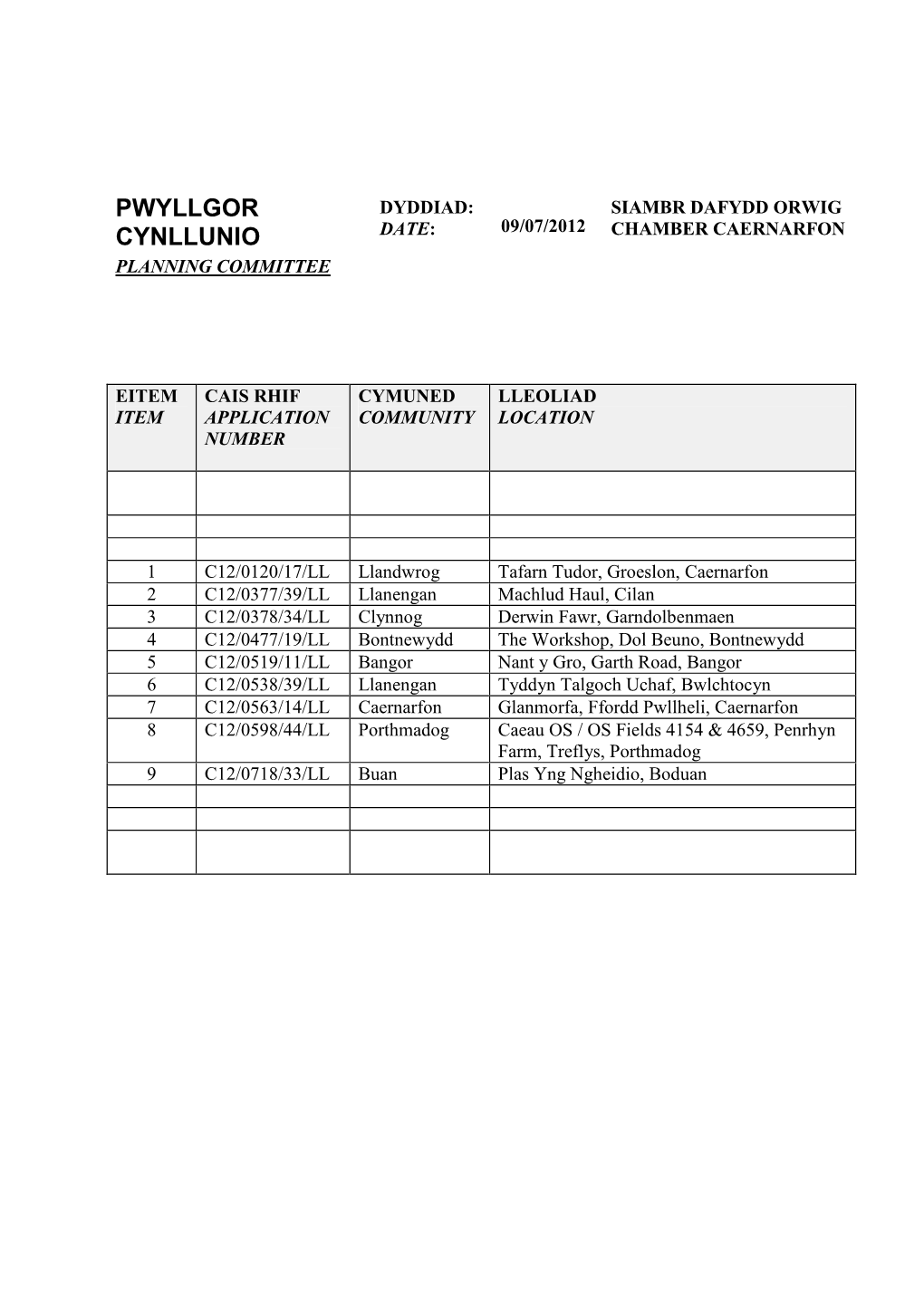 Planning Applications 9 July 2012