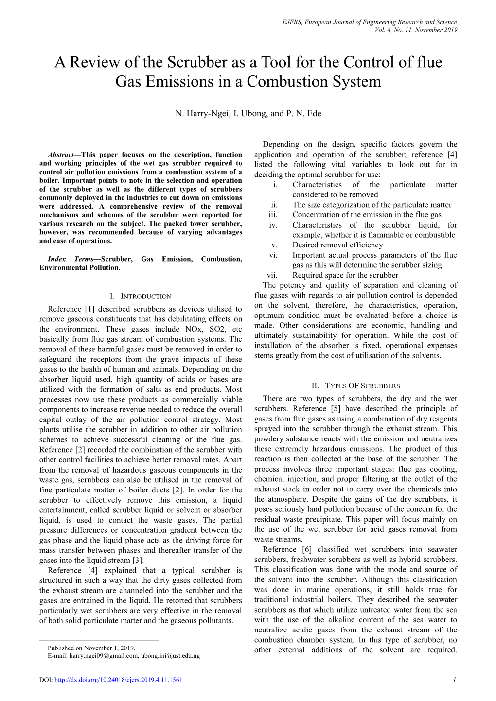 A Review of the Scrubber As a Tool for the Control of Flue Gas Emissions in a Combustion System