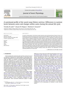 A Nutritional Profile of the Social Wasp Polistes Metricus