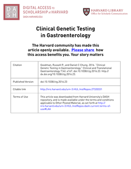 Clinical Genetic Testing in Gastroenterology