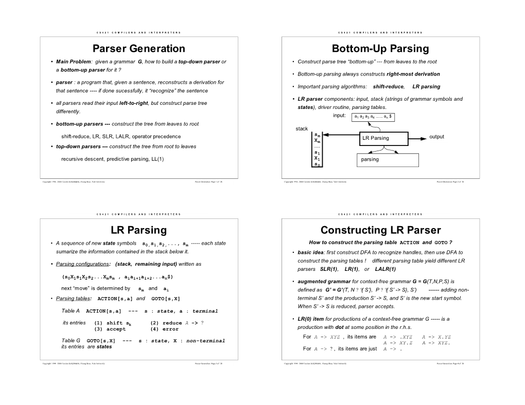 Parser Generation Bottom-Up Parsing LR Parsing Constructing LR Parser