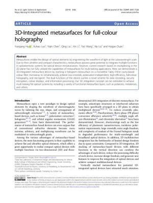 3D-Integrated Metasurfaces for Full-Colour Holography Yueqiang Hu 1, Xuhao Luo1, Yiqin Chen1, Qing Liu1,Xinli1,Yasiwang1,Naliu2 and Huigao Duan1