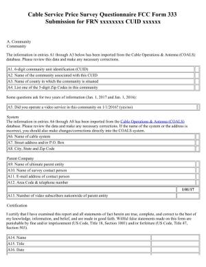 Cable Service Price Survey Questionnaire FCC Form 333 Submission for FRN Xxxxxxxx CUID Xxxxxx