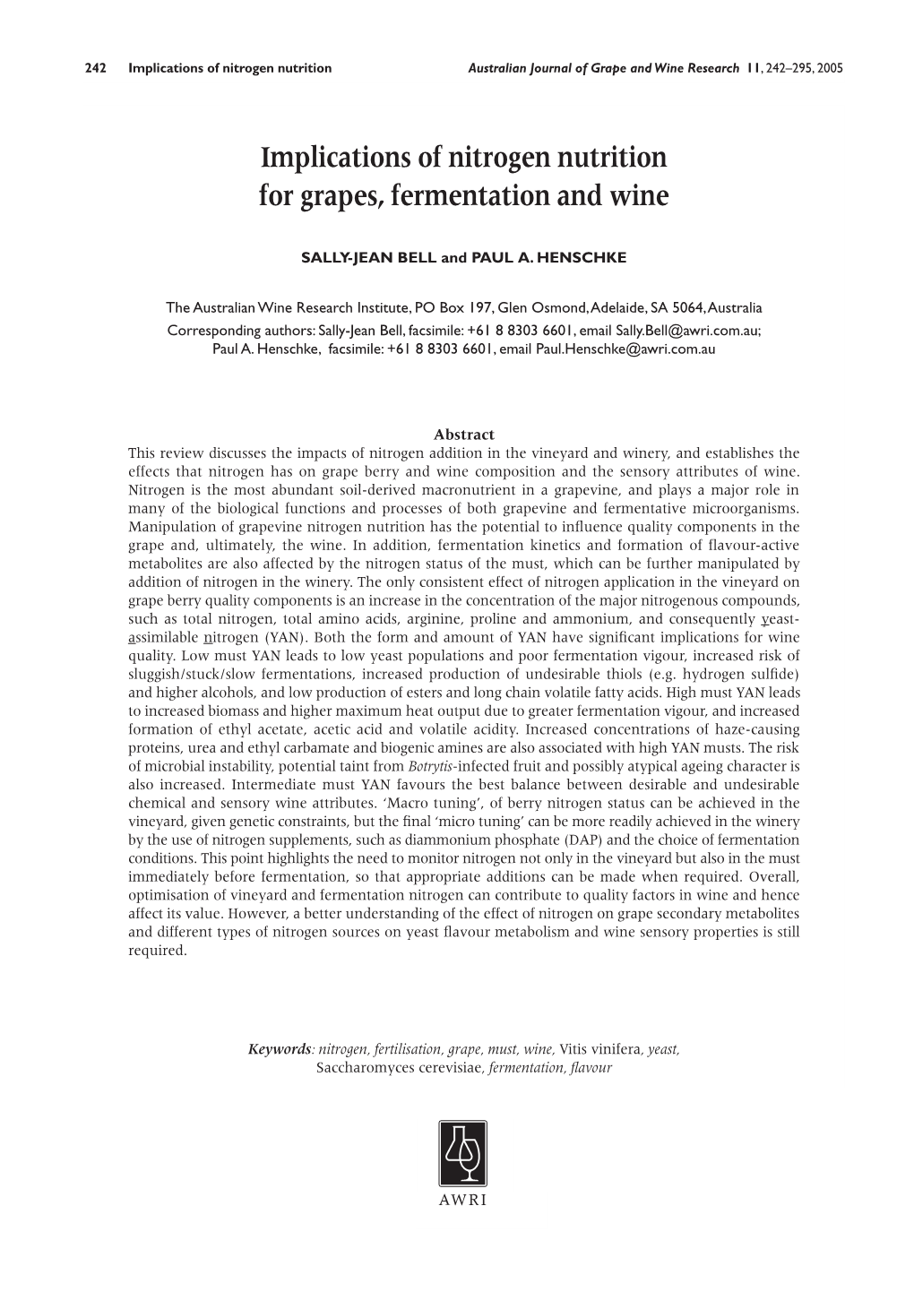 Implications of Nitrogen Nutrition for Grapes, Fermentation and Wine