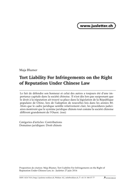 Tort Liability for Infringements on the Right of Reputation Under Chinese Law