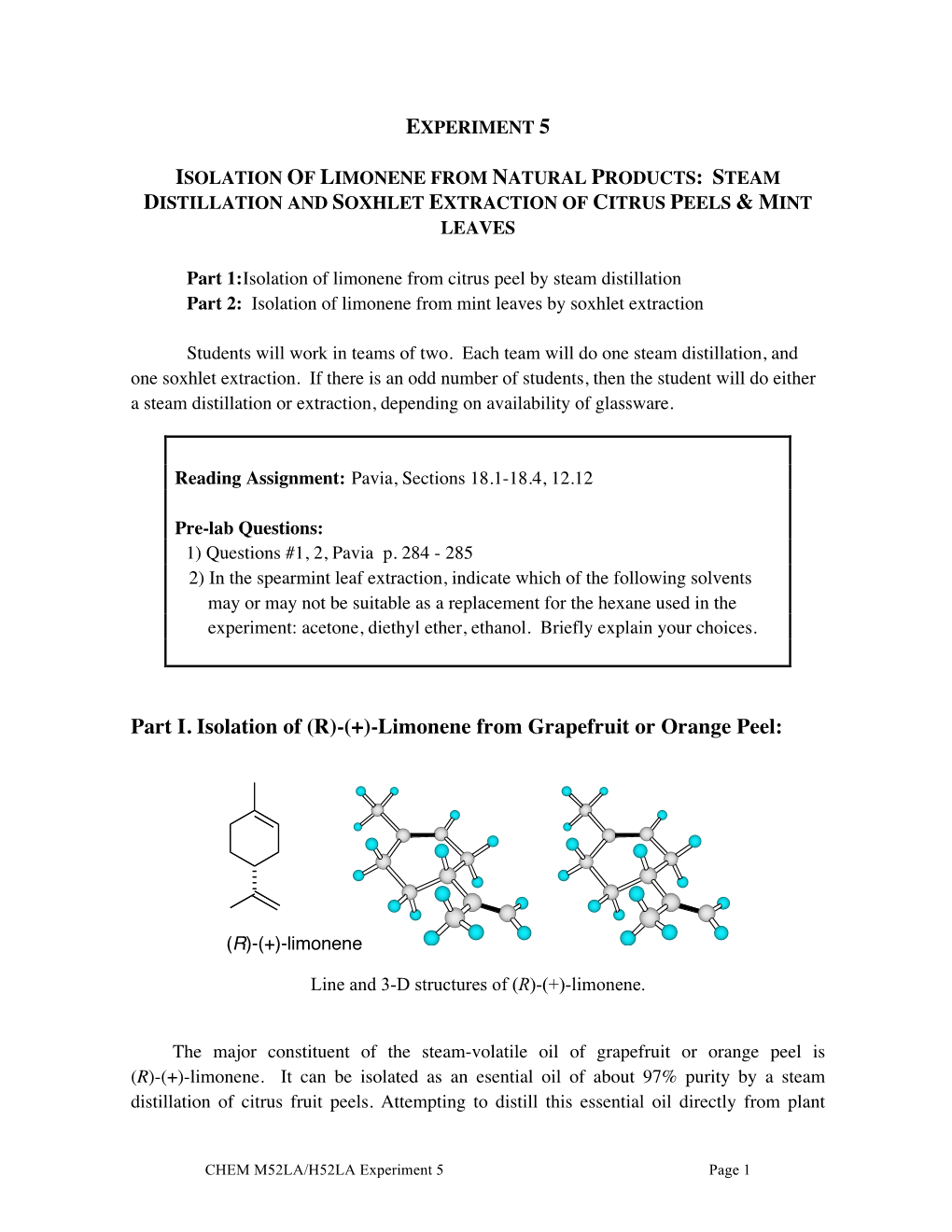 Part I. Isolation of (R)-(+)-Limonene from Grapefruit Or Orange Peel