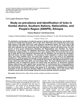 Study on Prevalence and Identification of Ticks in Humbo District, Southern Nations, Nationalities, and People's Region (SNNPR), Ethiopia