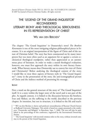 Legend of the Grand Inquisitor’ Reconsidered Literary Irony and Theological Seriousness in Its Representation of Christ