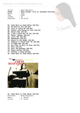 Artist : Nana Mouskouri Album : Nana Swings: Live at Jazzopen Festival Genre : Jazz Year : 2003 Tracks : 18 Playtime : 01:13:43