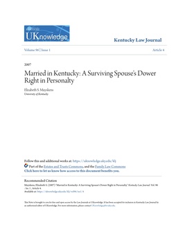 Married in Kentucky: a Surviving Spouse's Dower Right in Personalty Elizabeth S