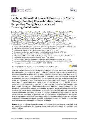 Center of Biomedical Research Excellence in Matrix Biology: Building Research Infrastructure, Supporting Young Researchers, and Fostering Collaboration