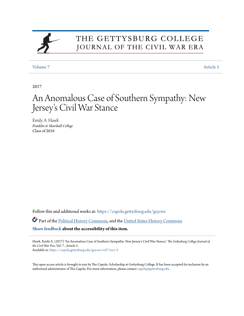 An Anomalous Case of Southern Sympathy: New Jersey's Civil War Stance Emily A