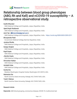 ABO, Rh and Kell) and Ncovid-19 Susceptibility – a Retrospective Observational Study