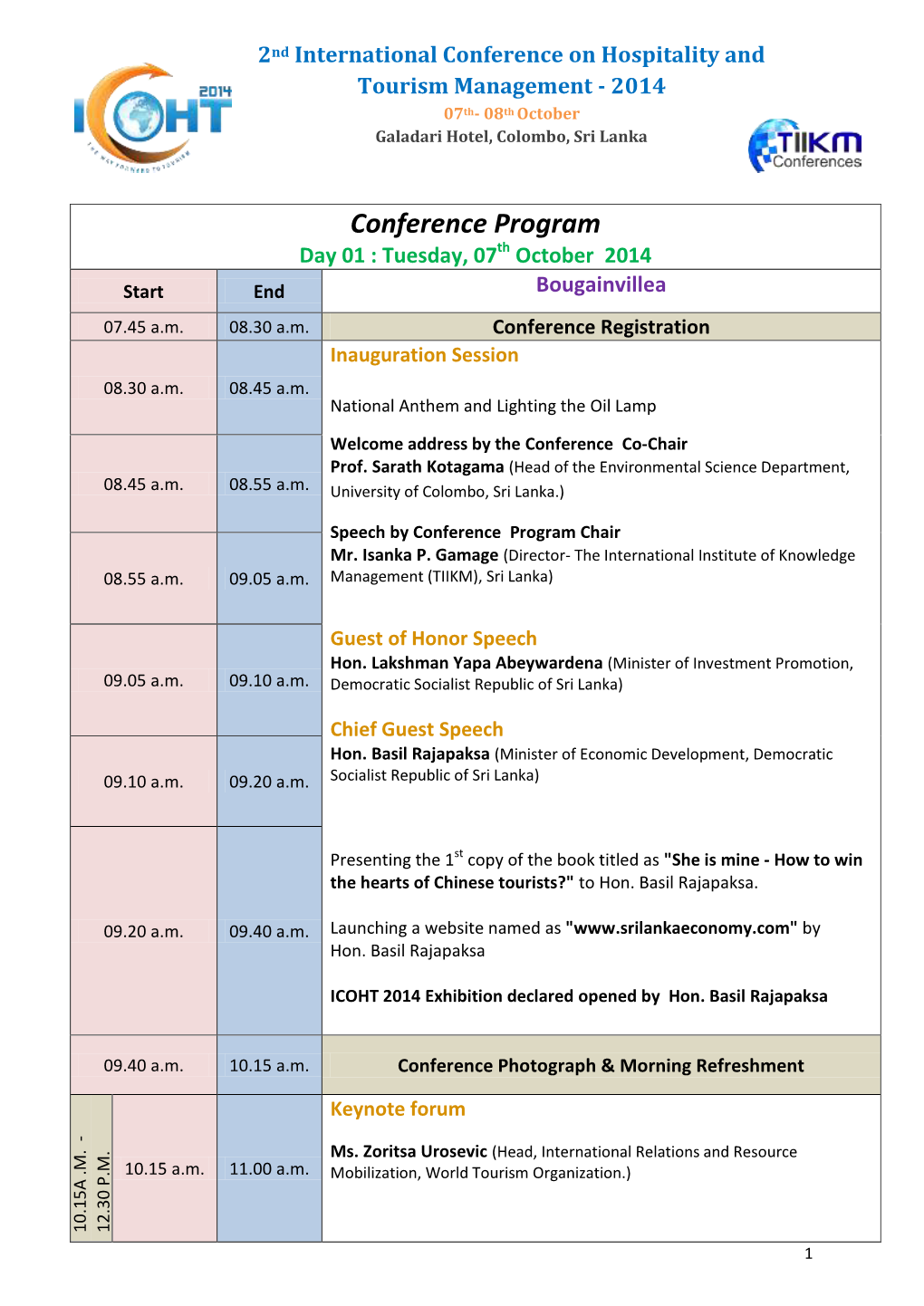 Conference Program Day 01 : Tuesday, 07Th October 2014 Start End Bougainvillea 07.45 A.M