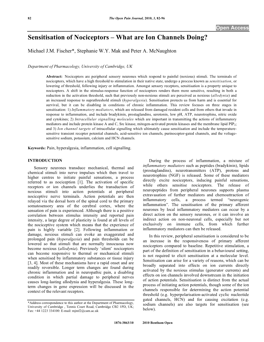 Sensitisation of Nociceptors – What Are Ion Channels Doing?