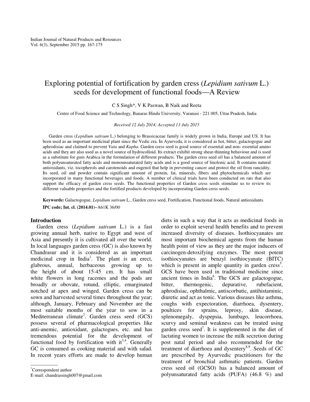 Exploring Potential of Fortification by Garden Cress (Lepidium Sativum L.) Seeds for Development of Functional Foods—A Review