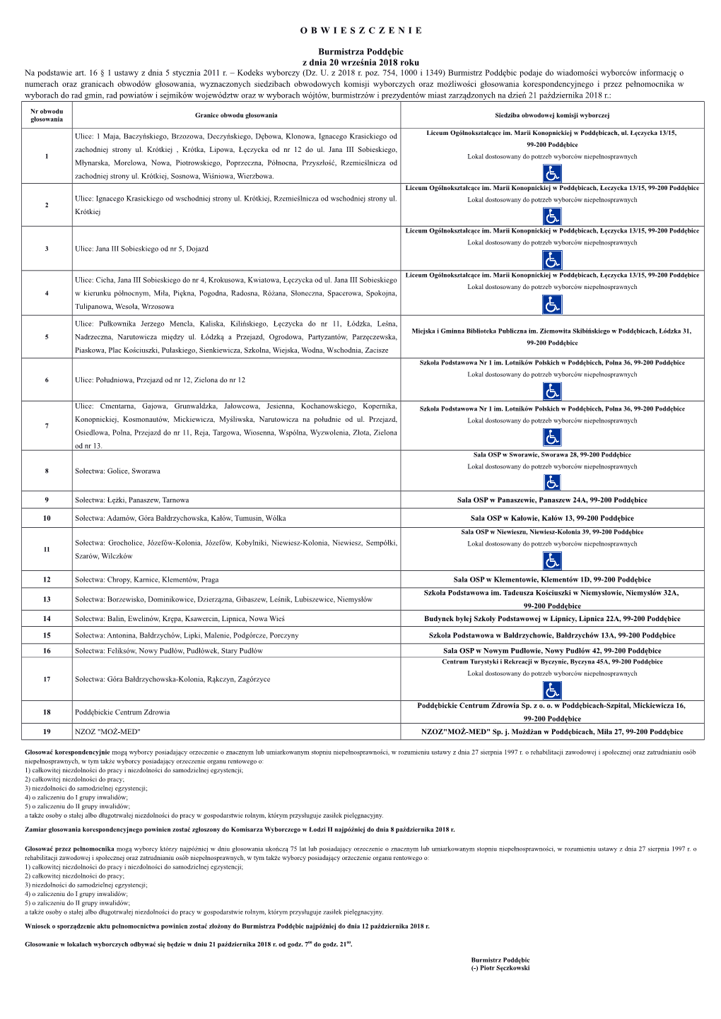 OBWIESZCZENIE Burmistrza Poddębic Z Dnia 20 Września 2018