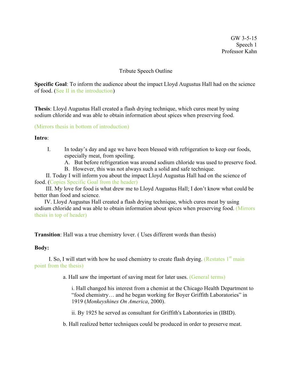 GW 3-5-15 Speech 1 Professor Kahn Tribute Speech Outline Specific Goal