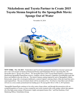 Nickelodeon and Toyota Partner to Create 2015 Toyota Sienna Inspired by the Spongebob Movie: Sponge out of Water