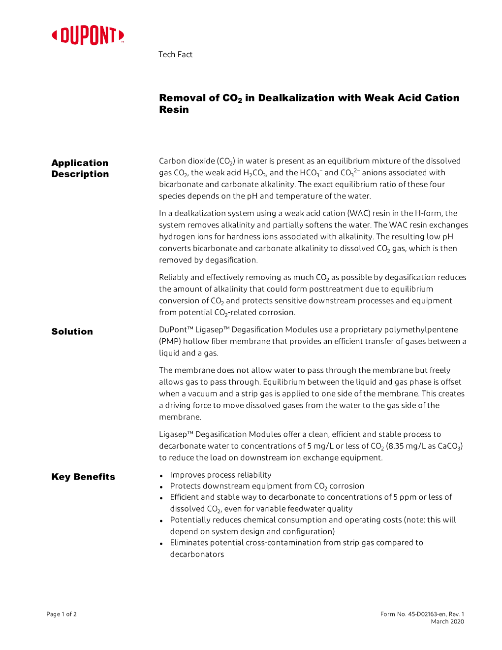 Dupont™ Ligasep™ CO2 Removal by Dealkalization with Weak Acid