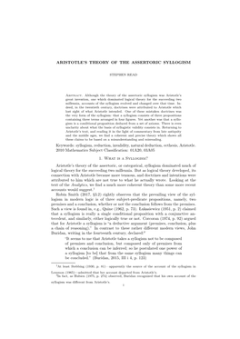 ARISTOTLE's THEORY of the ASSERTORIC SYLLOGISM Keywords