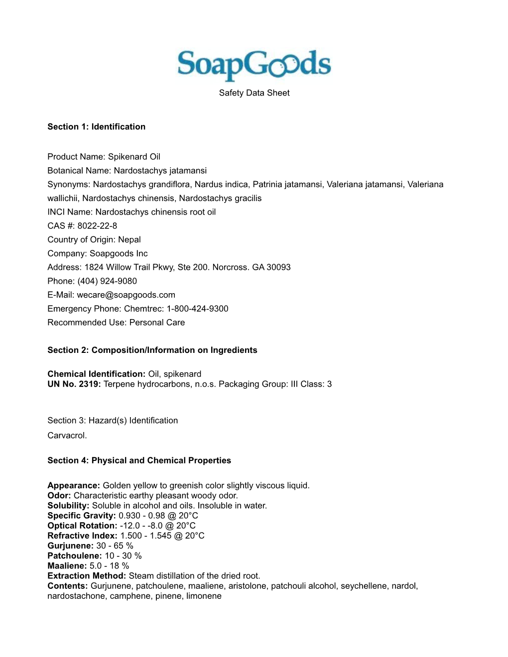 Spikenard, Safety Data Sheet