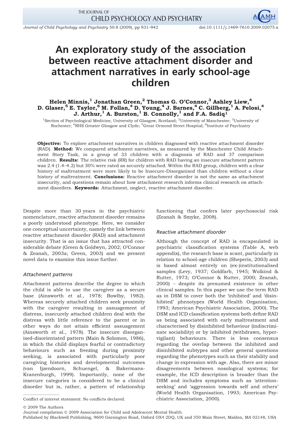 An Exploratory Study of the Association Between Reactive Attachment Disorder and Attachment Narratives in Early School-Age Children