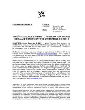 Wwe Cfo George Barrios to Participate in the Ubs Media and Communications Conference on Dec. 8