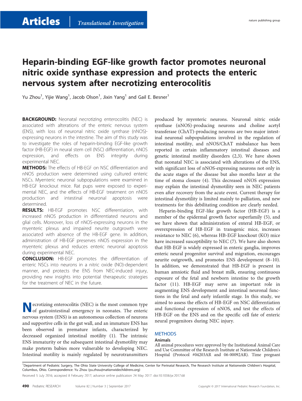 Heparin-Binding EGF-Like Growth Factor Promotes Neuronal Nitric Oxide Synthase Expression and Protects the Enteric Nervous System After Necrotizing Enterocolitis