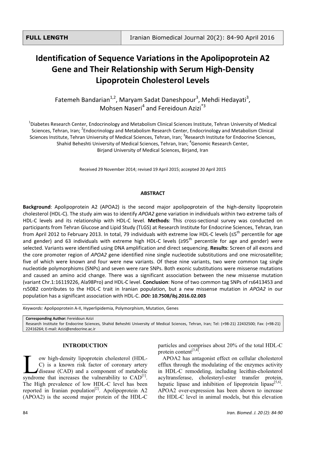 Identification of Sequence Variations in the Apolipoprotein A2 Gene and Their Relationship with Serum High-Density Lipoprotein Cholesterol Levels