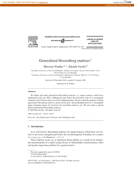 Generalized Hessenberg Matricesୋ Miroslav Fiedler a ,∗,Zdenekˇ Vavrínˇ B Aacademy of Sciences of the Czech Republic, Institute of Computer Science, Pod Vodáren