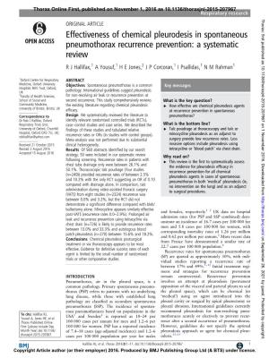 Effectiveness of Chemical Pleurodesis in Spontaneous Pneumothorax