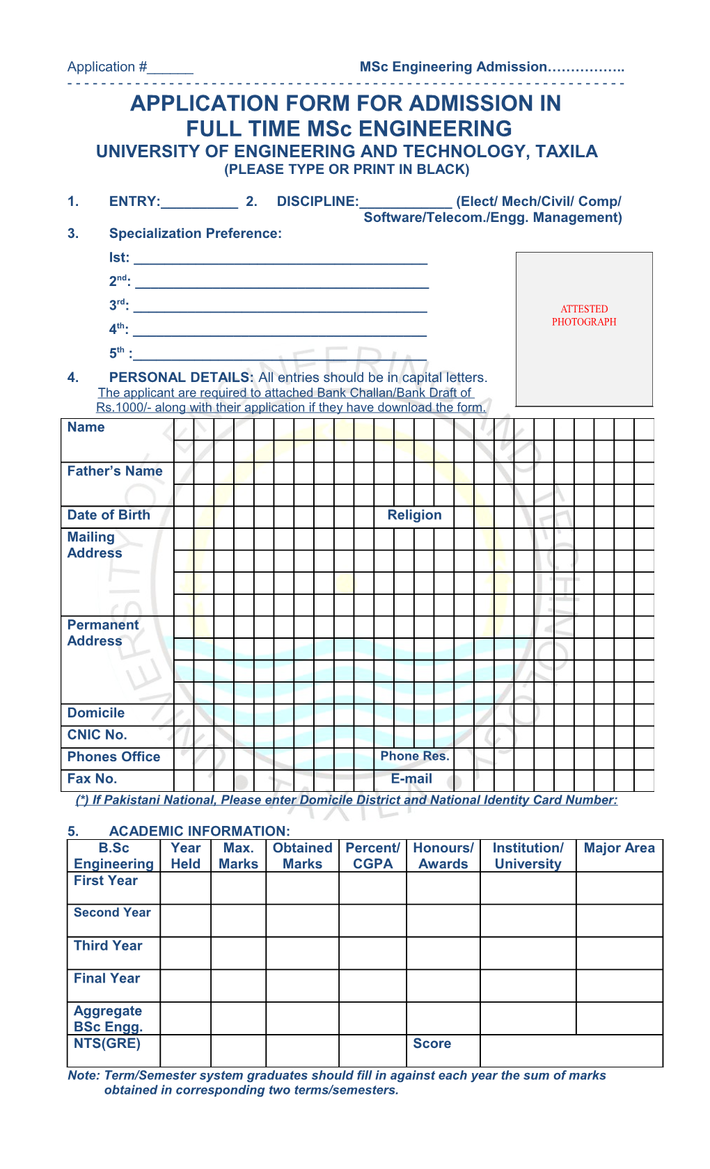 Application #______ Msc Engineering Admission