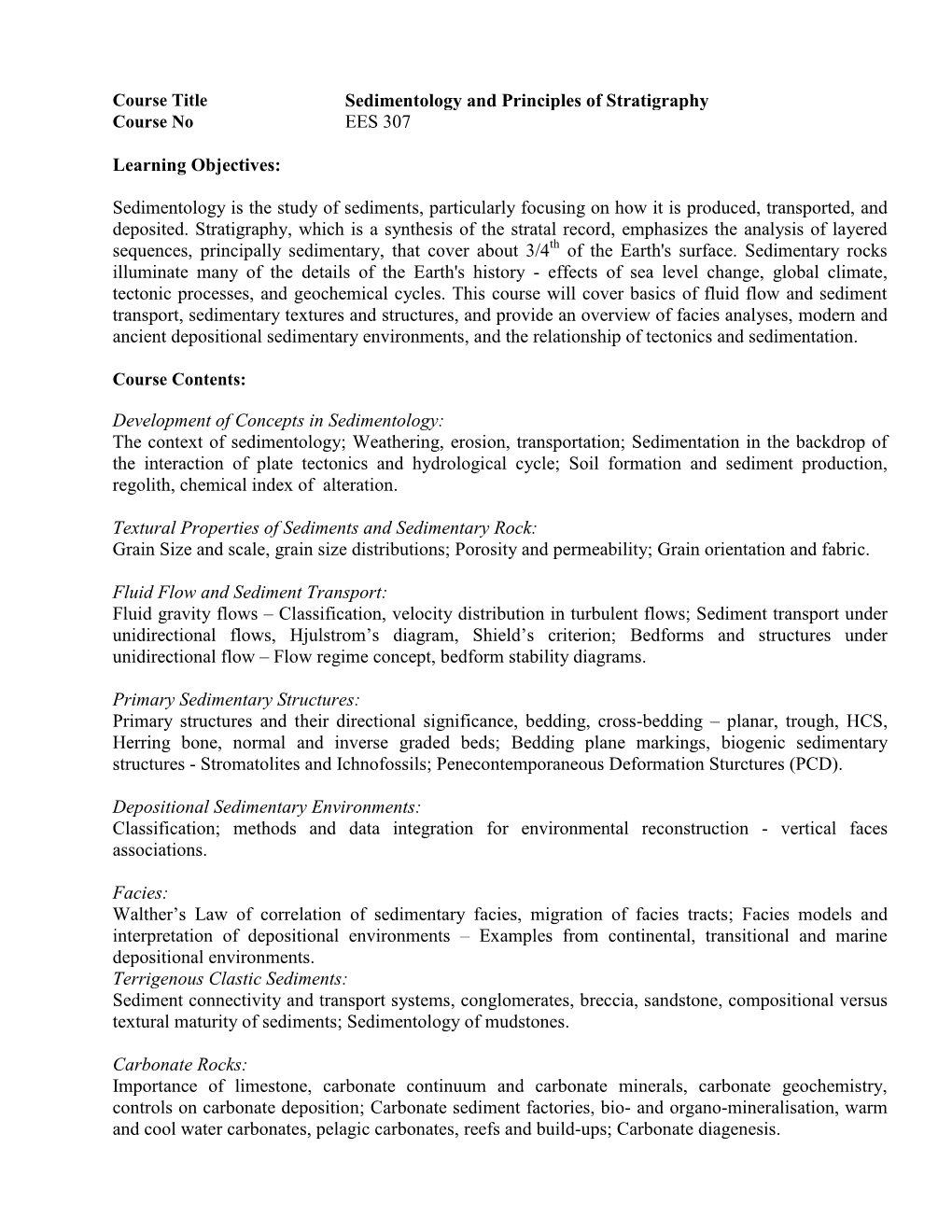 Sedimentology and Principles of Stratigraphy EES 307 Learning