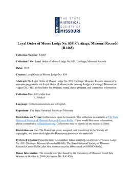 Loyal Order of Moose Lodge No. 839, Carthage, Missouri Records, (R1465)