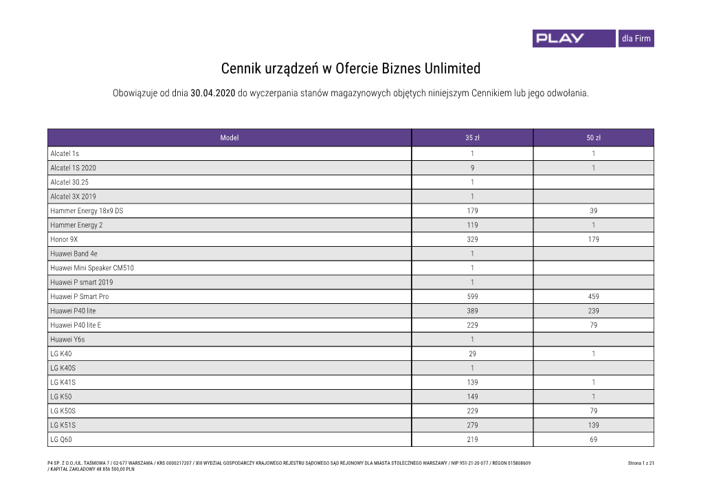 Cennik Urządzeń W Ofercie Biznes Unlimited